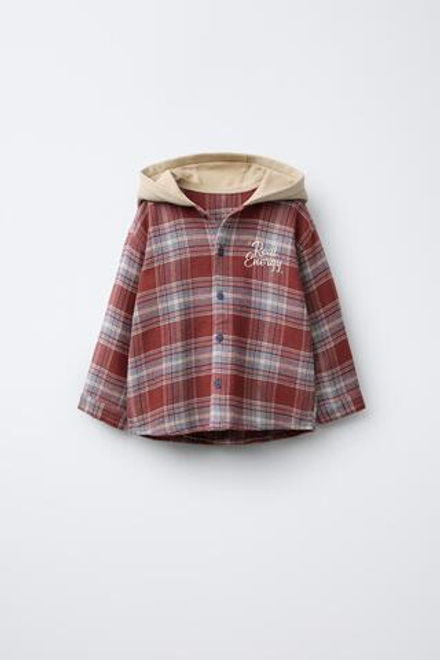ZARA КУРТКА-РУБАШКА В КЛЕТКУ С КОНТРАСТНЫМ КАПЮШОНОМ ИЗ МЯГКОЙ ТКАНИ, ГРАНАТОВЫЙ