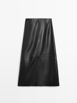 Massimo Dutti Юбка миди из кожи наппа со швами, черный