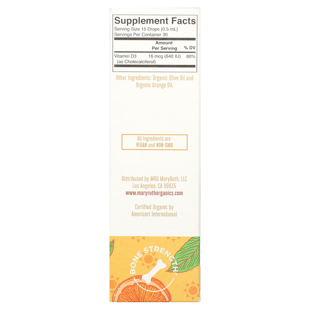 MaryRuth's, Organic Kids Vitamin D3, жидкие капли, для детей от 4 до 13 лет, со вкусом апельсина, 640 МЕ, 15 мл (0,5 жидк. Унции)