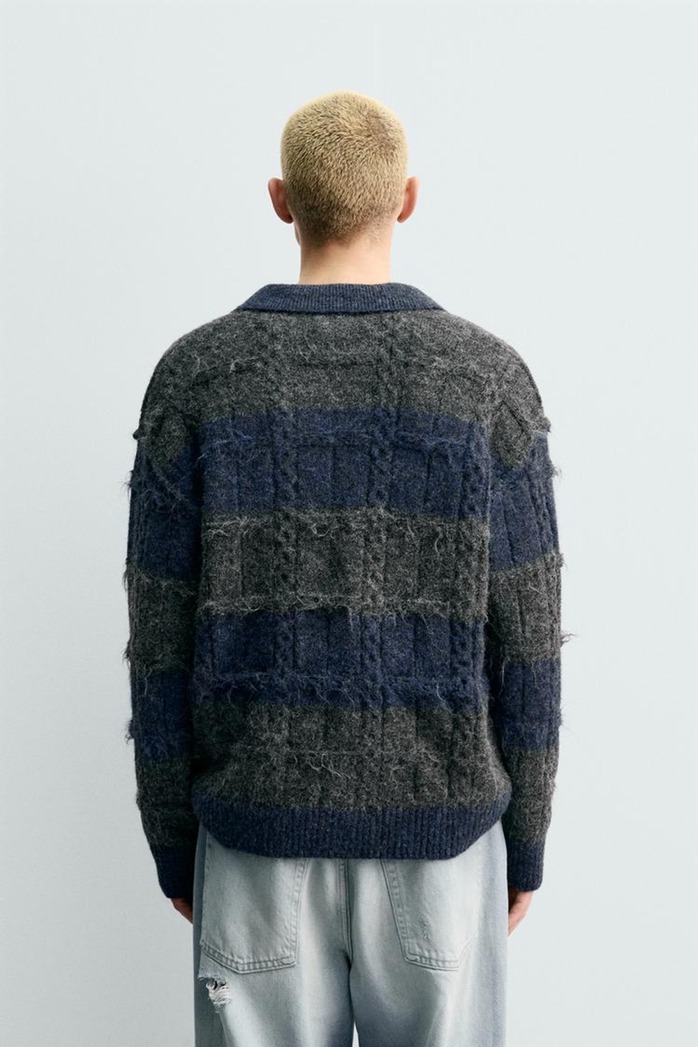 ZARA ТРИКОТАЖНОЕ ЖАККАРДОВОЕ ПОЛО В ПОЛОСКУ, АНТРАЦИТОВО-СЕРЫЙ