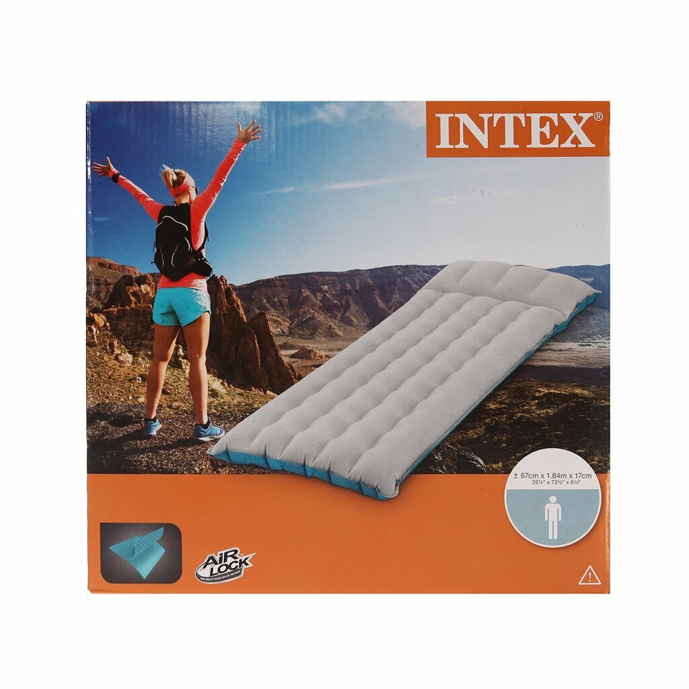 Мaтрас нaдувной Intex 67997 Camping Mat 184х67х17 см / Кoврик нaдувной Интeкс туристический велюровый в палатку для кемпинга и туризма