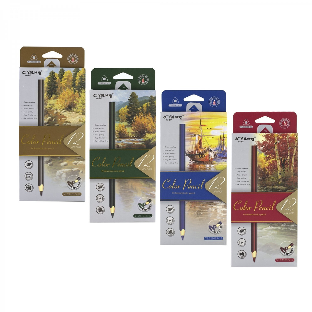 Карандаши цветные Yalong 12 цв., "Этюд" деревянные, трехгранные, заточенные, грифель 3.0 мм, картон. уп., европодвес