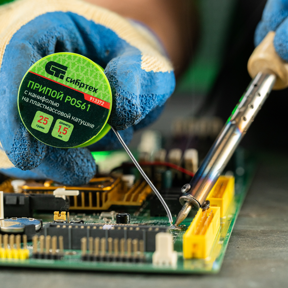 Припой с канифолью, D 1.5 мм, 25 г, POS61, на пластмассовой катушке Сибртех 913372