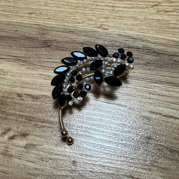 Серьга-кафф 12 листов кристалл черный стразы серебристые металл золотистый