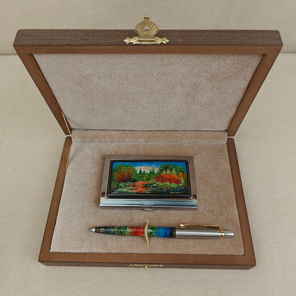 Набор "Русская деревня. Лето" визитница и ручка Parker с ручной росписью Палех