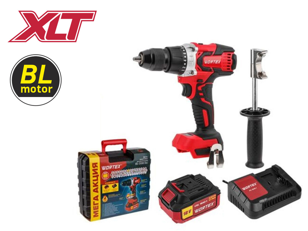 Аккум. дрель-шуруповерт WORTEX BD 2030 Dli в чем. ALL1 XLT SET БЕСЩЕТ., 18 В, 80 Н*м, 1х4 А*ч, БЗ