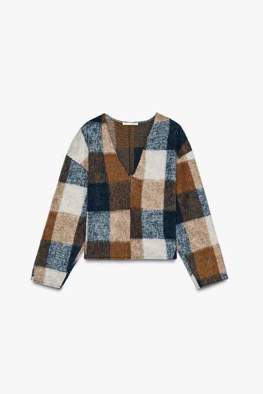 ZARA ТОЛСТОВКА ИЗ МЯГКОЙ ТКАНИ В КЛЕТКУ, ОТТЕНКИ СИНЕГО