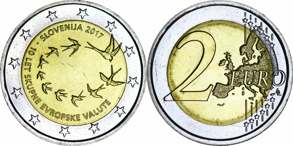 Словения 2 евро, 2017 10 лет введению евро в Словении UNC