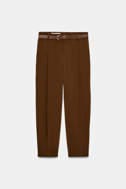 ZARA БРЮКИ С ЗАЩИПАМИ И РЕМНЕМ, КОРИЧНЕВЫЙ