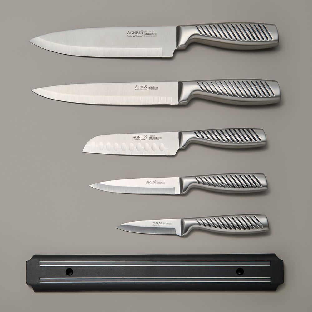 НАБОР НОЖЕЙ AGNESS 6 ПР.С МАГНИТНЫМ ДЕРЖАТЕЛЕМ И РУЧКОЙ ИЗ НЕРЖ.СТАЛИ
