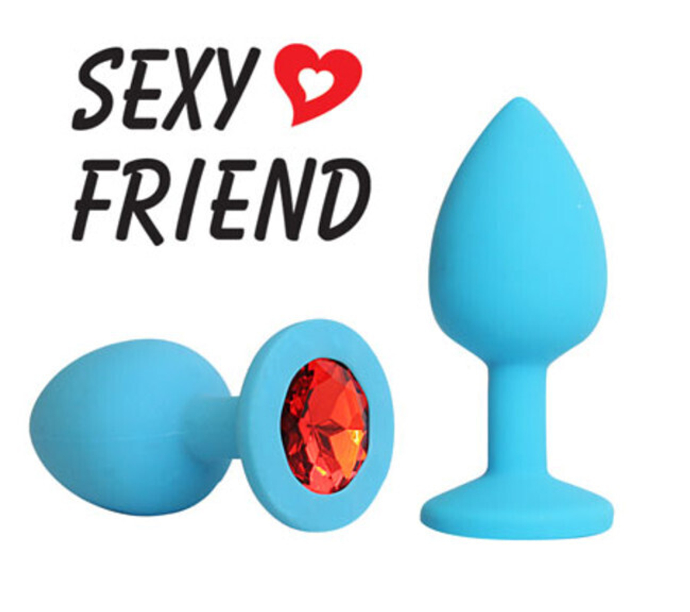 Небольшая голубая силиконовая втулка с красным кристаллом Sexy Friend (7 см) (Цвет: голубой с красным)