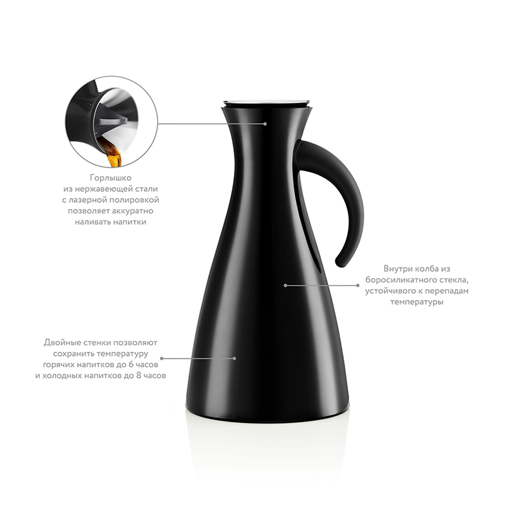 Термокувшин vacuum 1 л  высокий чёрный глянец