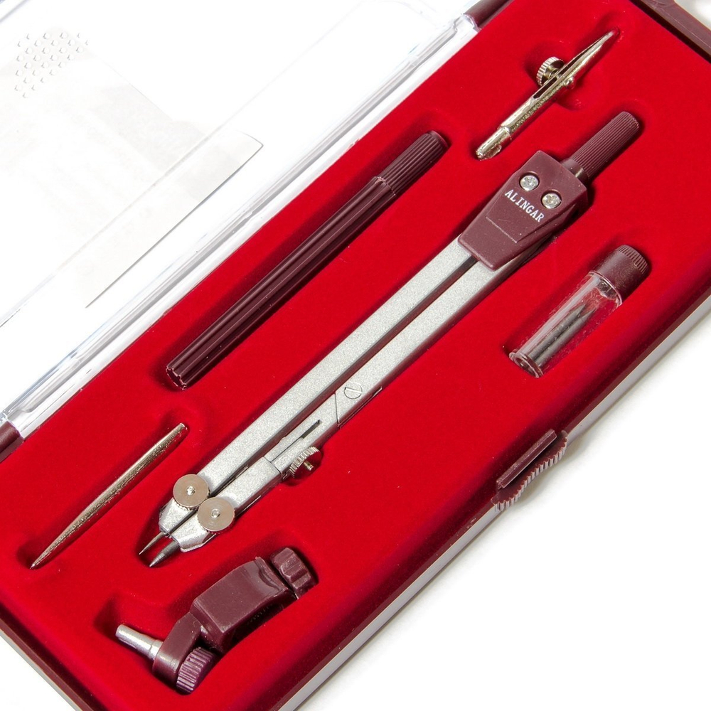Готовальня Alingar, 6 предметов,метал. циркуль,удлин.,насадка с универс.держателем,грифель, точ. насадка,рейсфедер пластик. футляр, европодвес