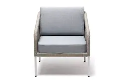 "Канны" кресло плетеное из роупа, каркас алюминий светло-серый (RAL7035) муар, роуп серый меланж круглый, ткань светло-серая