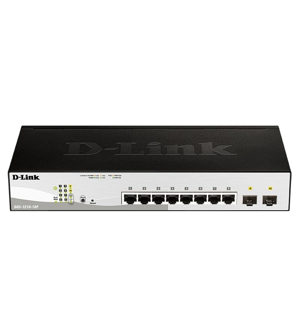 D-Link DGS-1210-10P/F3A Настраиваемый L2 коммутатор с 8 портами 10/100/1000Base-T и 2 портами 1000Base-X SFP (8 портов PoE 802.3af/at, PoE-бюджет 65 Вт)