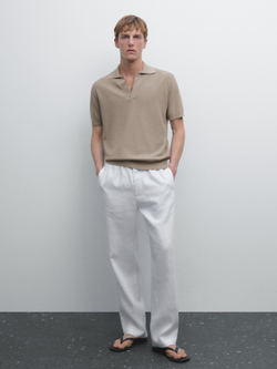Massimo Dutti Вязаная футболка-поло с V-образным вырезом, бежевый