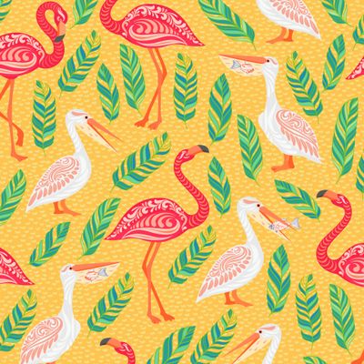 Пеликаны, фламинго, листья на желтом фоне. TROPICANA. (Дизайнер Irina Skaska)
