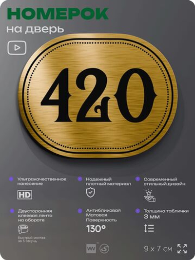 Номерок на дверь квартиры 420, для кабинета, офиса, шильдик 9 х 7 см, золотистый, Айдентика Технолоджи