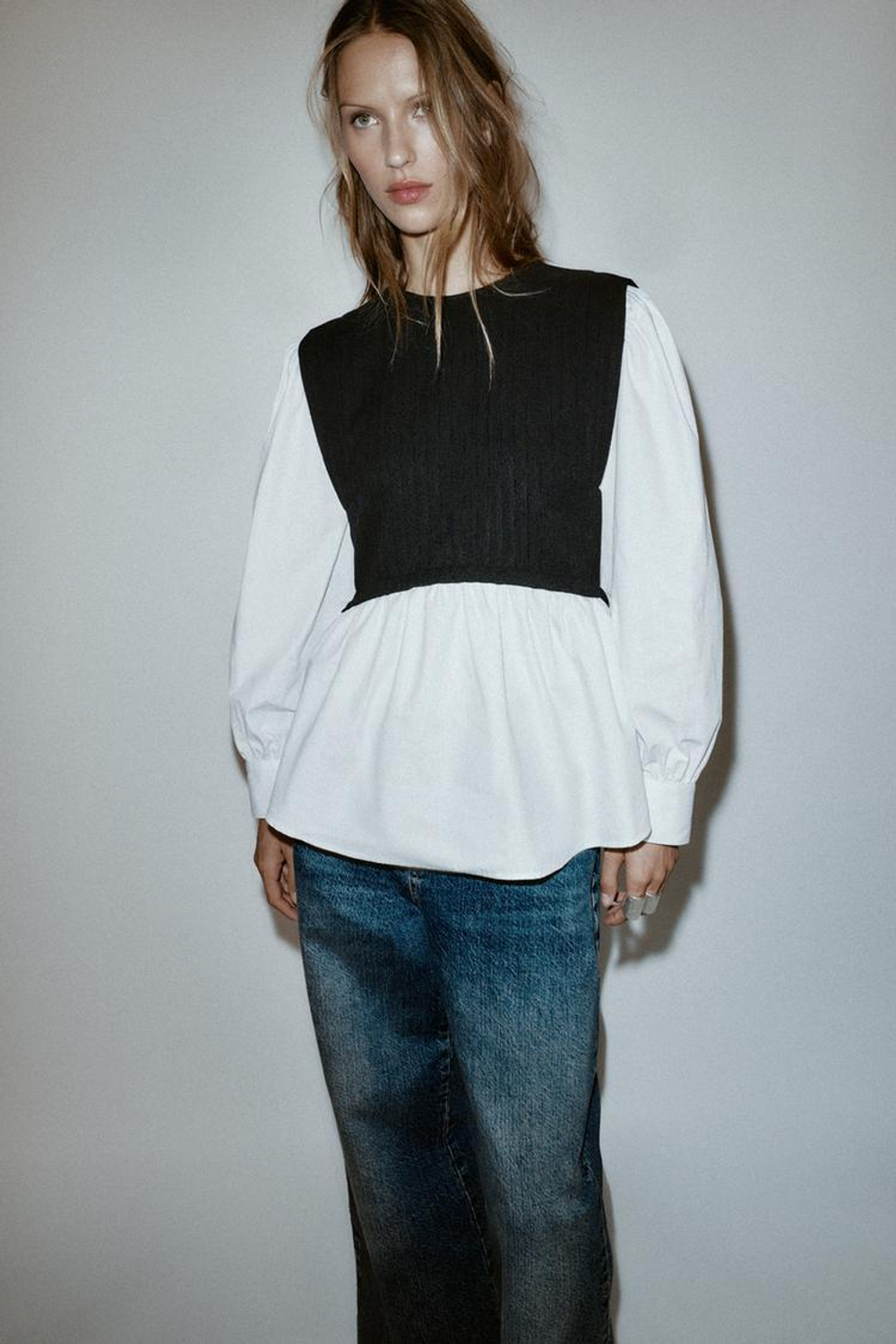 ZARA БЛУЗА ИЗ ПОПЛИНА С КОМБИНИРОВАННОЙ ТКАНЬЮ, ЧЕРНЫЙ