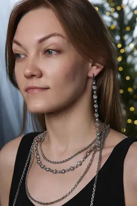 Серьги "Богема" длинные "дорожки"  с цирконами, оттенок серебро