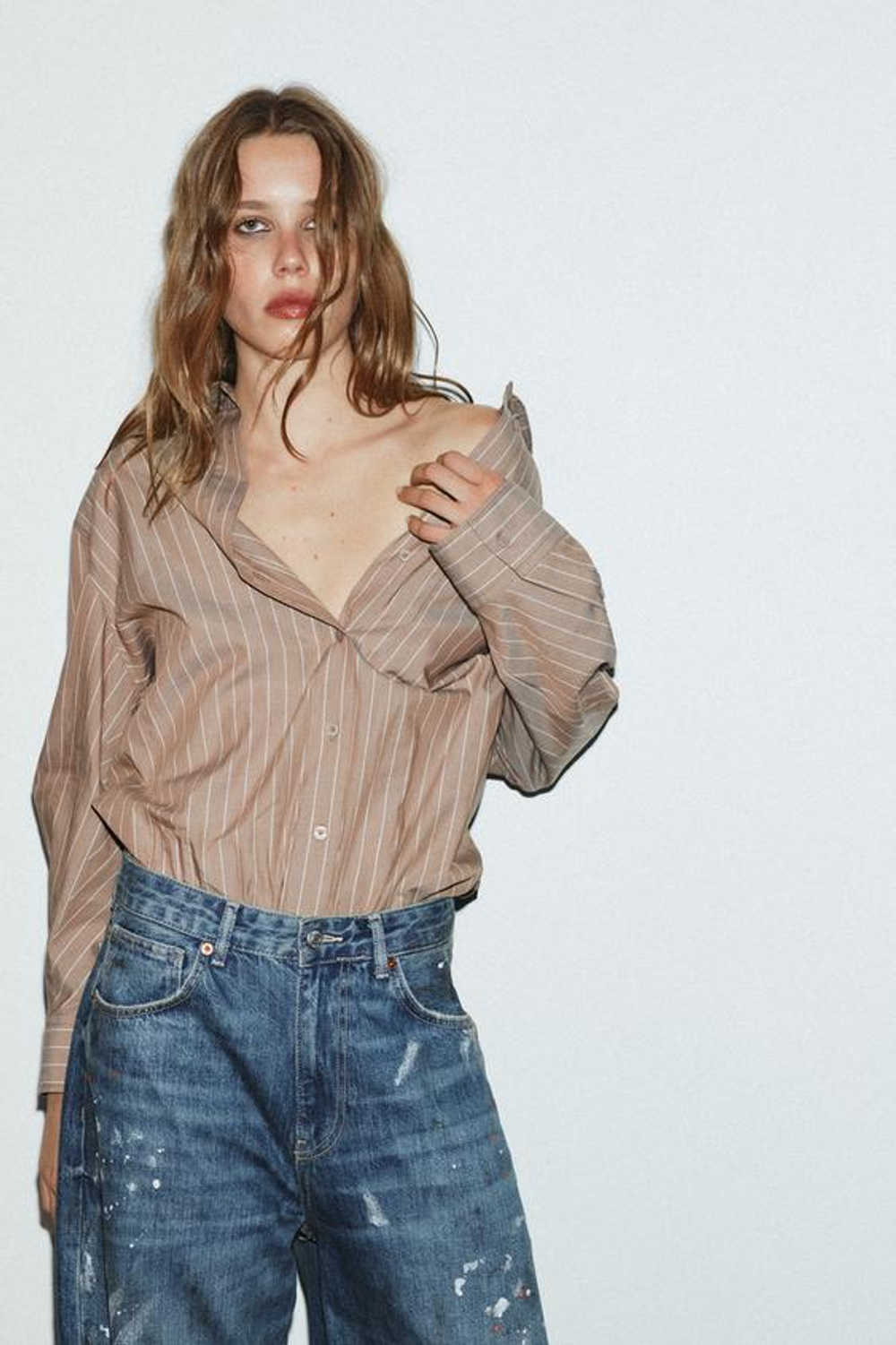 ZARA ДЖИНСЫ TRF СВОБОДНОГО КРОЯ ОВЕРСАЙЗ С ВЫСОКОЙ ПОСАДКОЙ, СИНИЙ