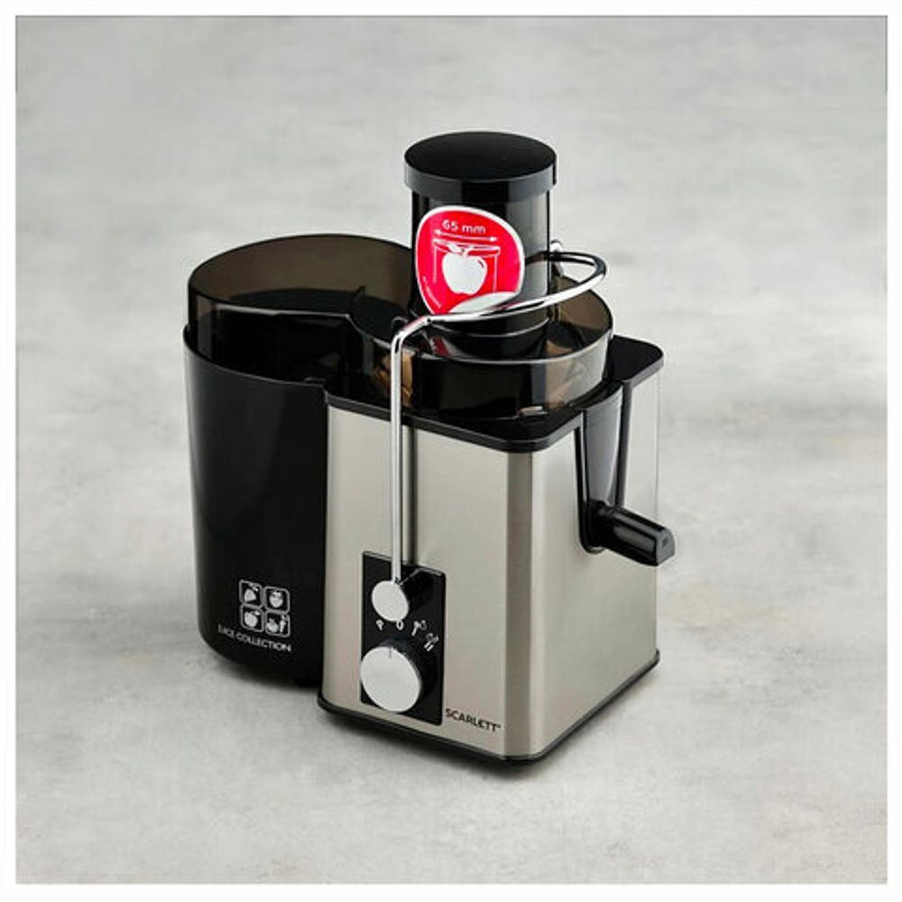 Соковыжималка SCARLETT SC-JE50S53, 1000 Вт, стакан 0,6 л, емкость жмыха 1 л, пластик, сталь/черный