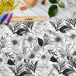 Ткань премиум габардин серо-белая цветочная фантазия