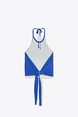 ZARA ДВУХСЛОЙНЫЙ ТРИКОТАЖНЫЙ ТОП С ГОРЛОВИНОЙ ХАЛТЕР, ЯРКО-СИНИЙ