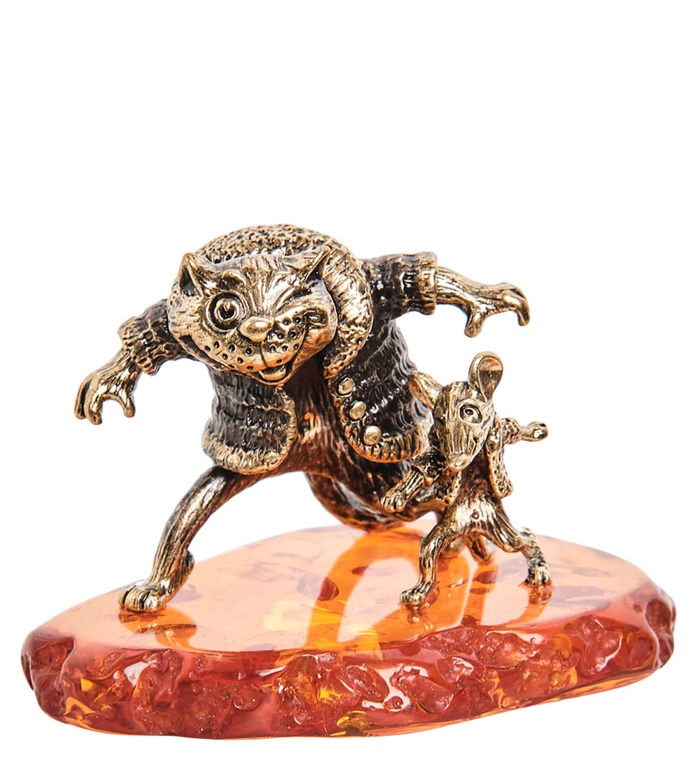 Народные промыслы AM-2222 Фигурка «Кот и мышка Банда» (латунь, янтарь)