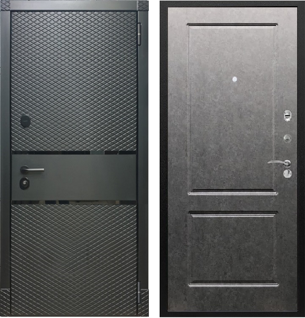 Входная металлическая дверь RеX (РЕКС) 15 Чешуя кварц черный, фурнитура хром / ФЛ-117 Штукатурка графит 16мм