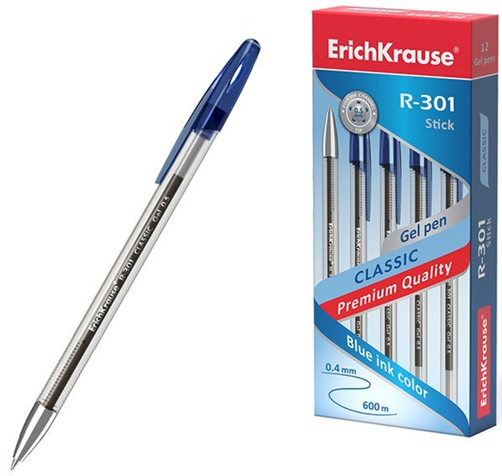 Ручка гелевая ErichKrause R-301 Classic Gel Stick, толщина линии 0,4 мм, синяя, 12 штук