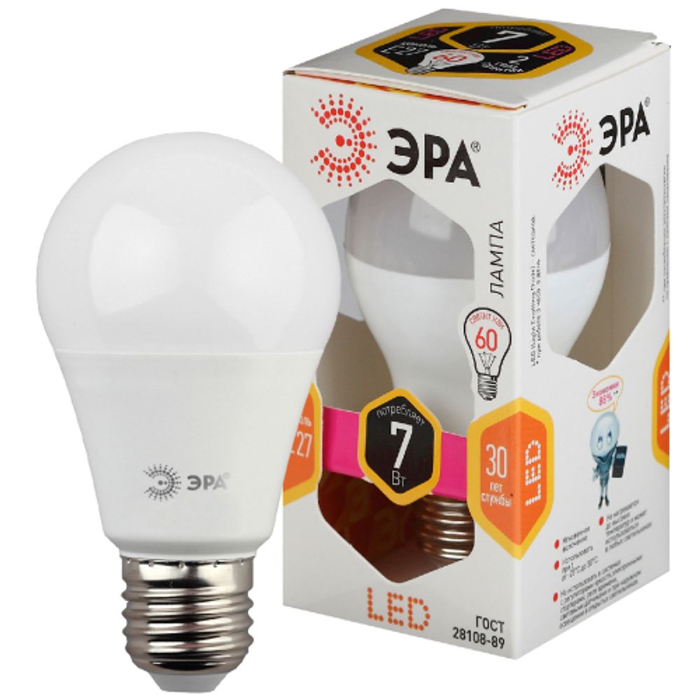Лампа светодиодная ЭРА STD LED A60-7W-827-E27 7Вт груша теплый белый свет Е27 | Лампы cветодиодные Груша (A)