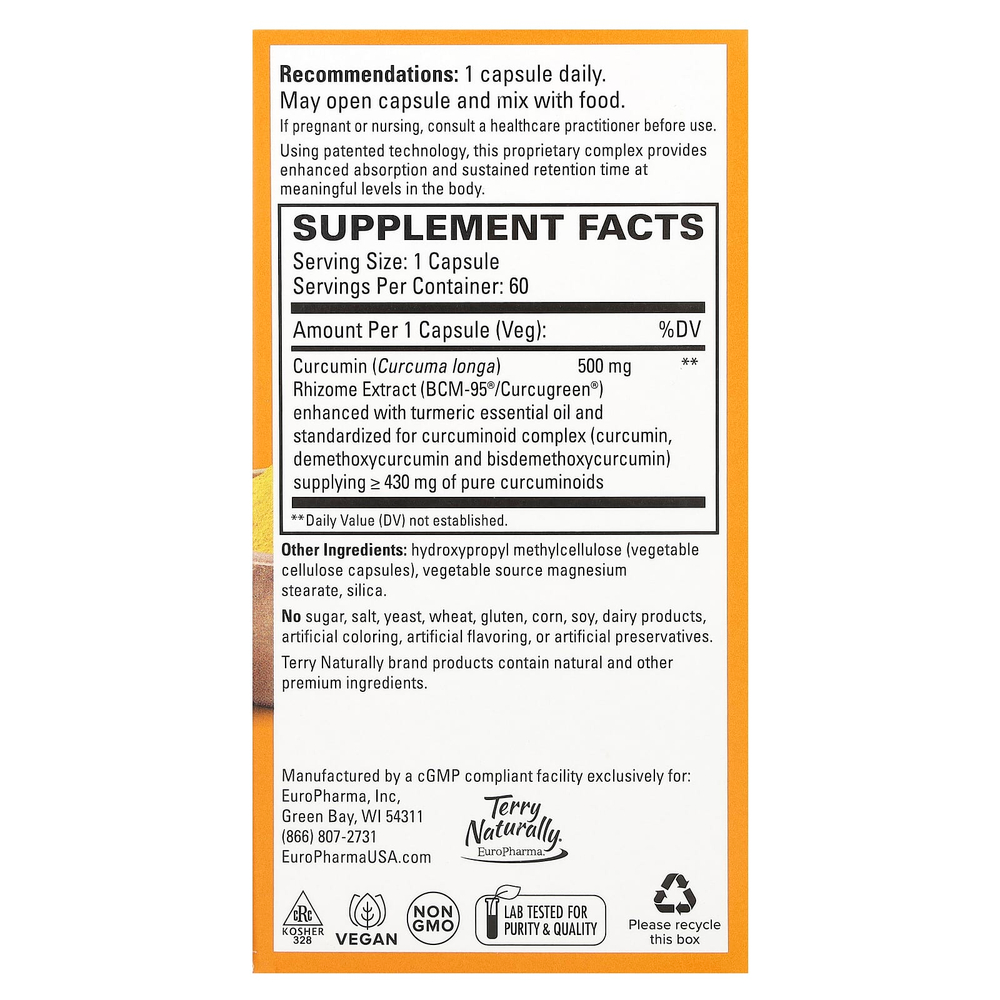 Terry Naturally, CuraMed, куркумин для улучшенной усвояемости, 500 мг, 60 капсул