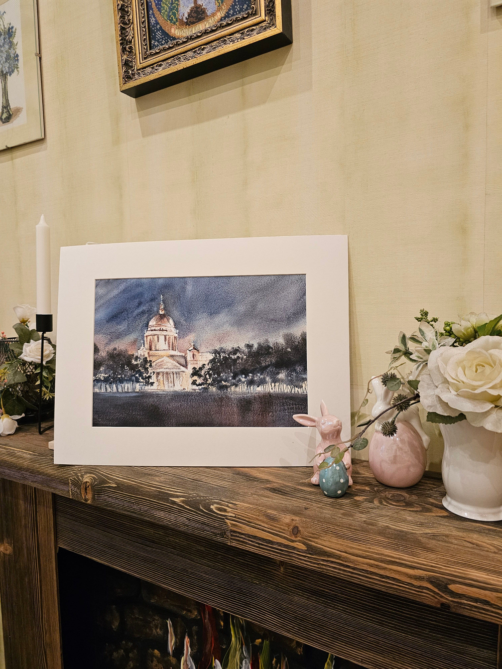 Картина авторская акварельная в паспарту 30х40 см на стену для интерьера "Осенняя ночь в Питере"