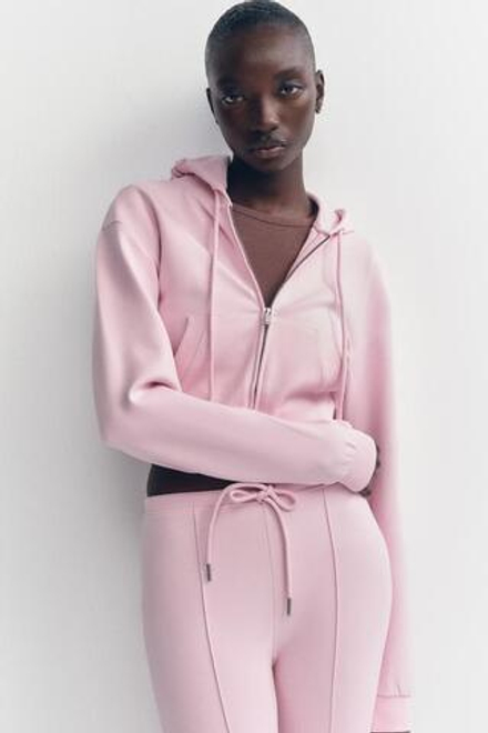 ZARA УКОРОЧЕННОЕ ХУДИ ИЗ ИНТЕРЛОКА, ПАСТЕЛЬНО-РОЗОВЫЙ