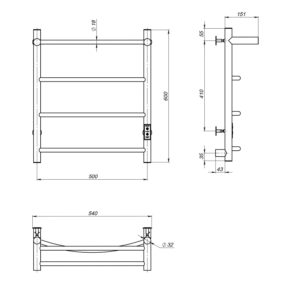 Полотенцесушитель электрический ЛЦ 60х50 5 перекл ДУГА ПОЛКА унив (скрыт подкл,таймер,256 Вт) ТРУГОР