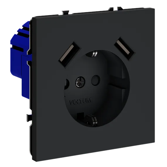 Розетка встраиваемая VOLTUM S70 с заземлением и защитными шторками, 16А, с USB, A+A, (графит) vls040407