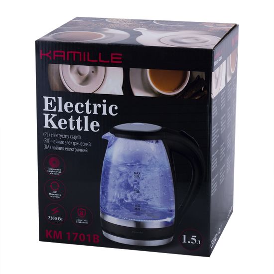 Чайник электрический 1,5 л. стеклянный Kamille KM 1701B с синей LED подсветкой