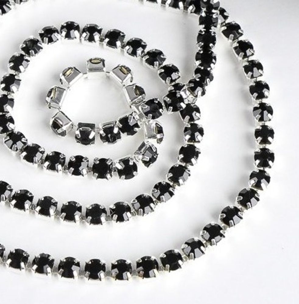 Цепь со стразами, ss16, ш. 4 мм, чёрный в серебряной оправе