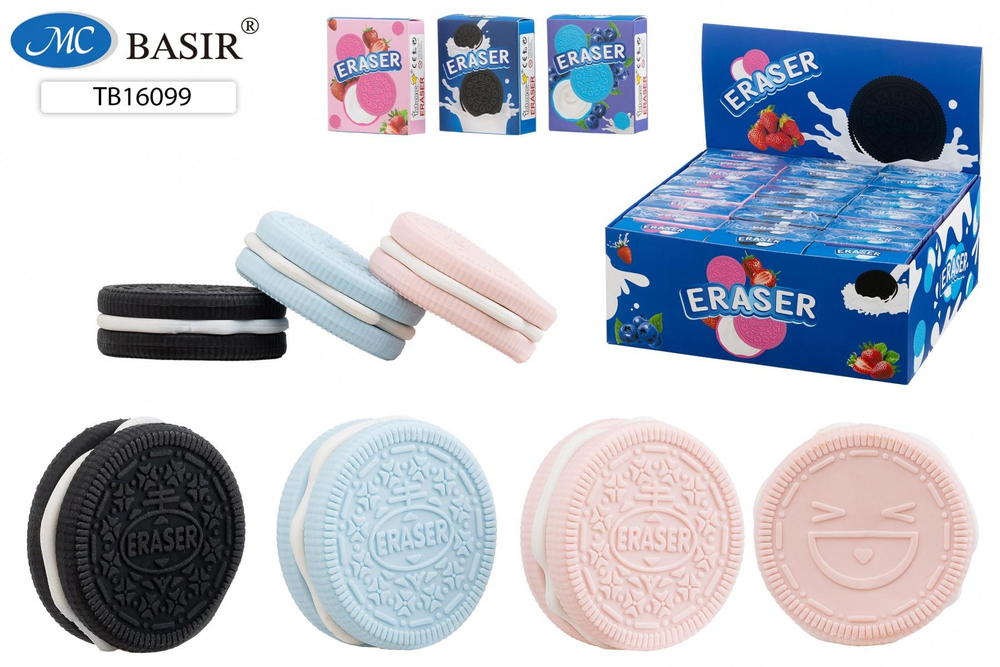 Ластик-конструктор d-4см. "Печенье" чёрное, розовое, голубое с белой начинкой (Basir)