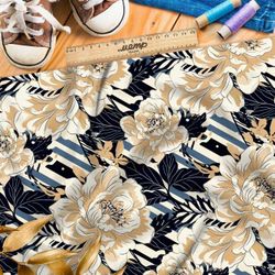 Ткань премиум сатин пионы на полосках