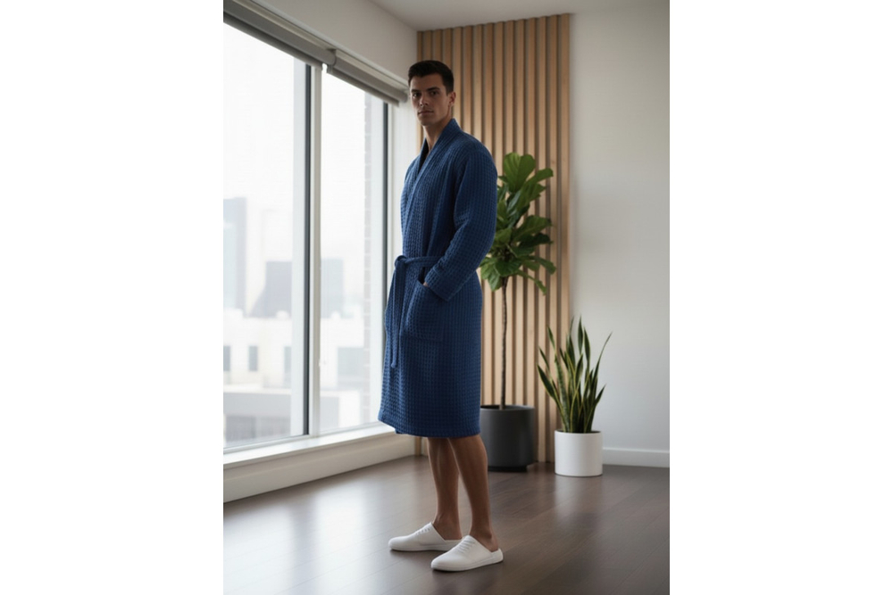 Халат вафельный мужской Home One темно синий 56-58