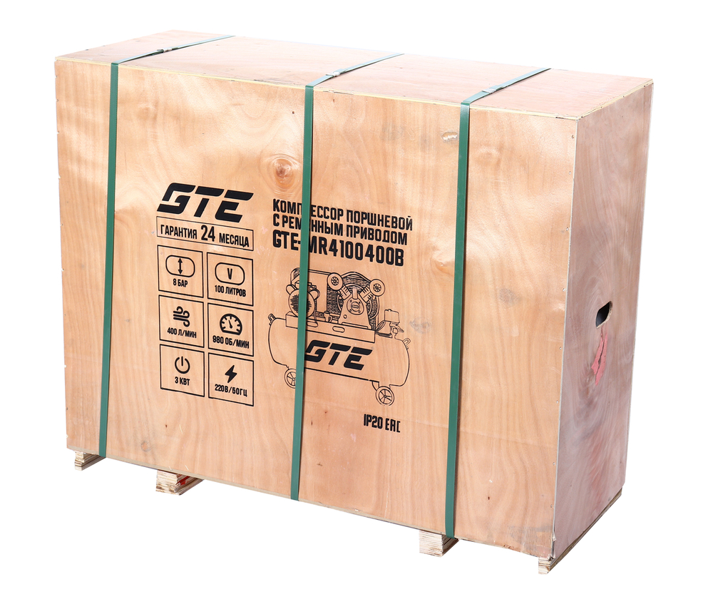 Компрессор пневматический 220В 3.0кВт 8атм. 400л/мин. ресивер-100л ременной GTE
