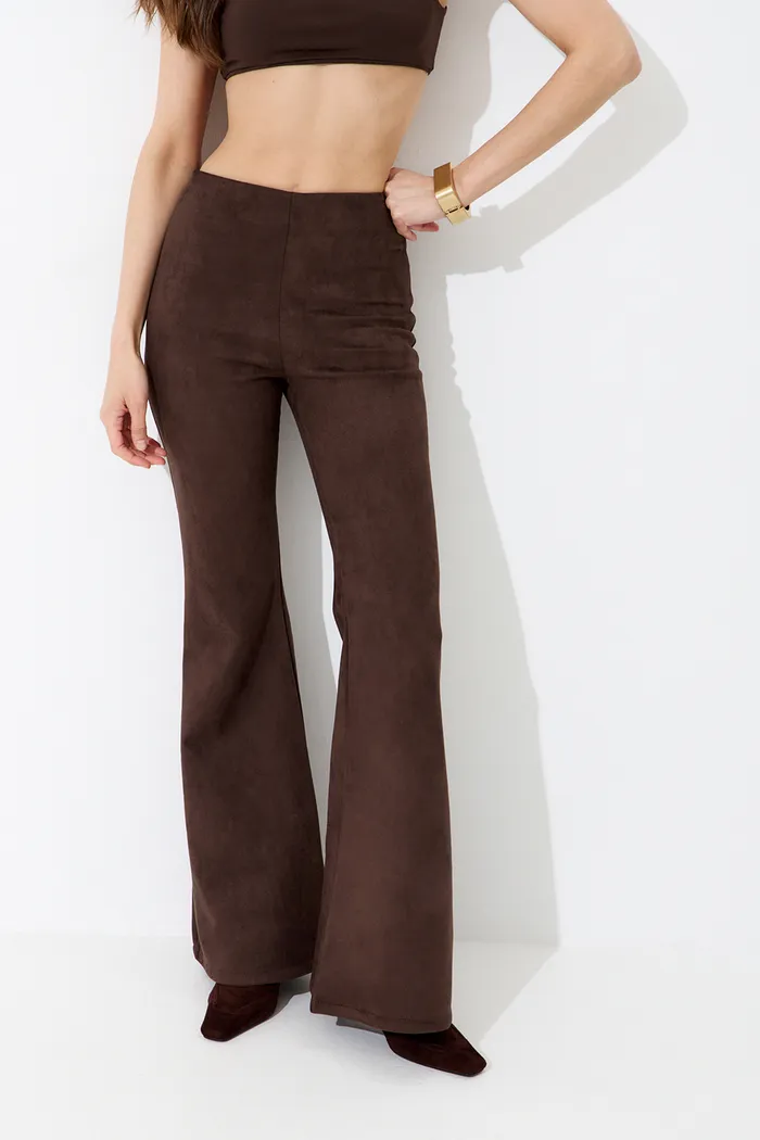Брюки клеш из экозамши цвета шоколад