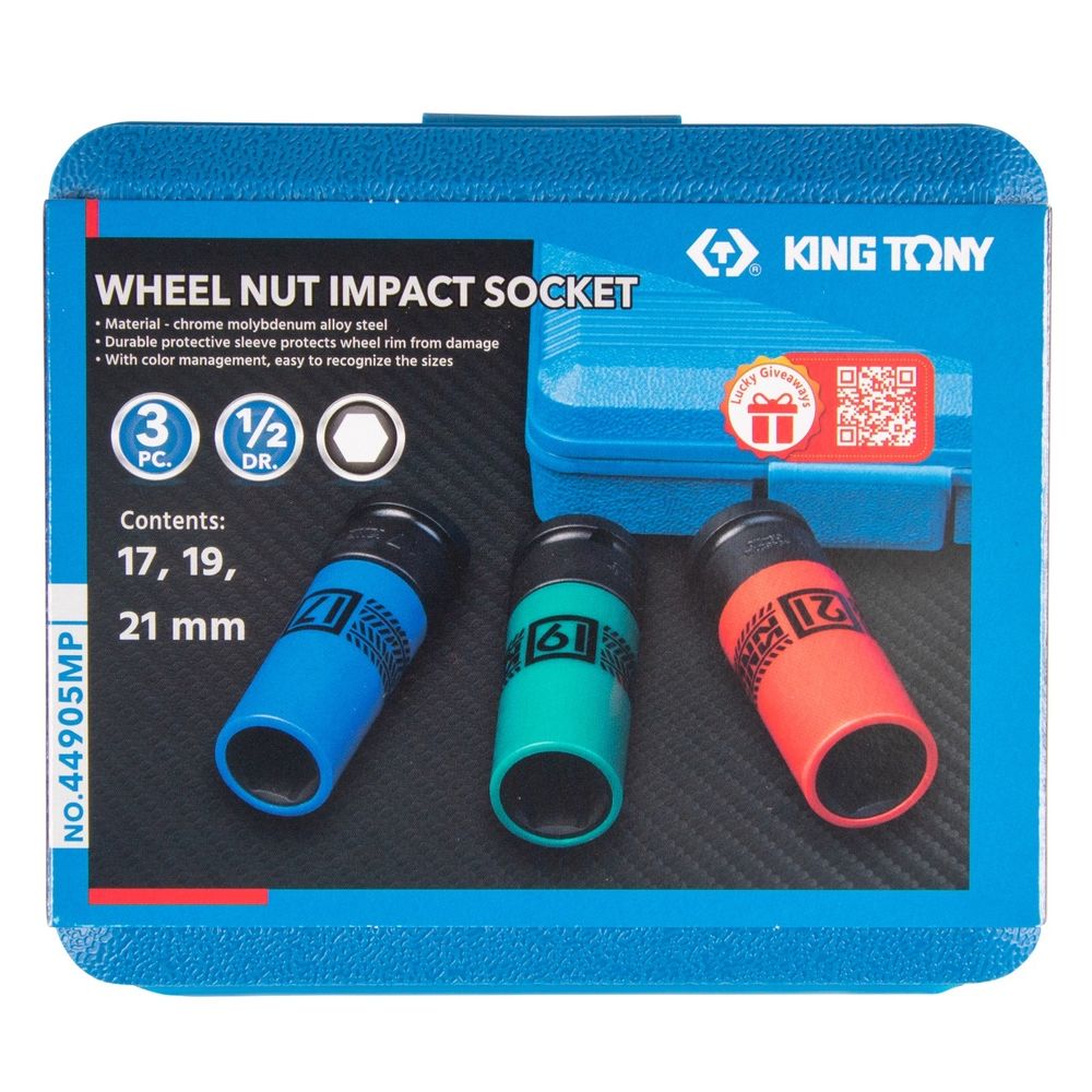 KING TONY (44905MP) Набор ударных глубоких торцевых головок 1/2", шестигранные, 17, 19, 21 мм