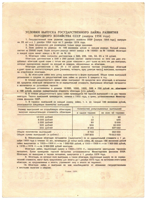 Облигация 10 рублей 1954 год. Государственный заем развития народного хозяйства СССР. Серия № 163579