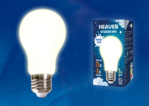 LED-A60-9W/3000K/E27/FR GLH01WH Лампа светодиодная. Форма A, матовая. Серия Heaven. Теплый белый свет (3000K). Картон. ТМ Uniel