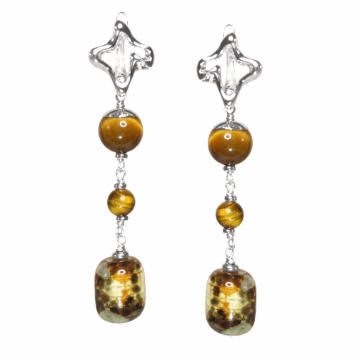 Серьги длинные с оливковым агатом и тигровым глазом