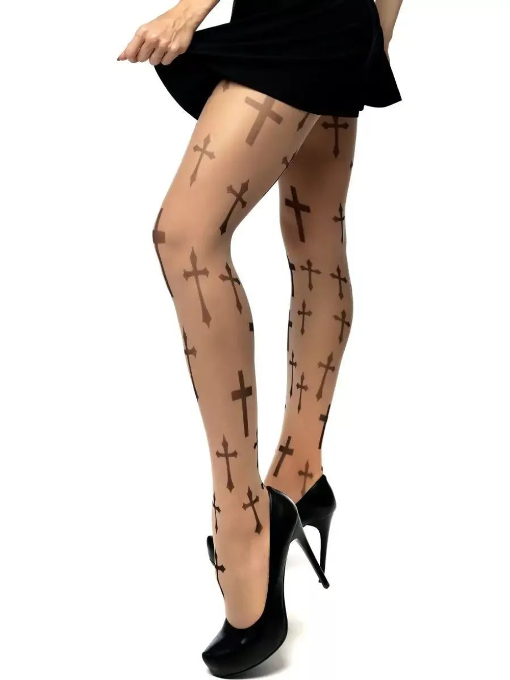 Колготки с принтом в виде крестов (Размер: S-M-L) (Цвет: бежевый)
