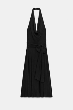 ZARA ПЛАТЬЕ МИДИ ХАЛТЕР ИЗ ШИФОНА С ПОЯСОМ, ЧЕРНЫЙ
